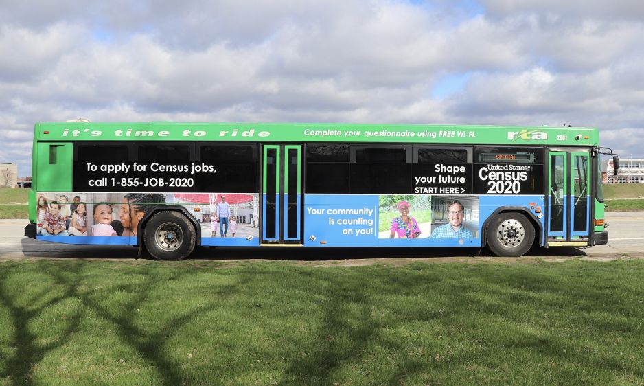 bus with census information printed on the side